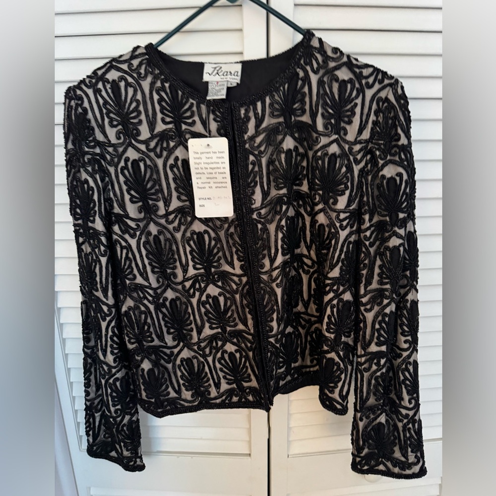 NWT J Kara Black and Tan Beaded Jacket, size Large